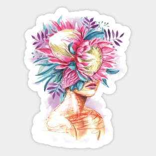 Pretty young girl with protea in hair. Sticker